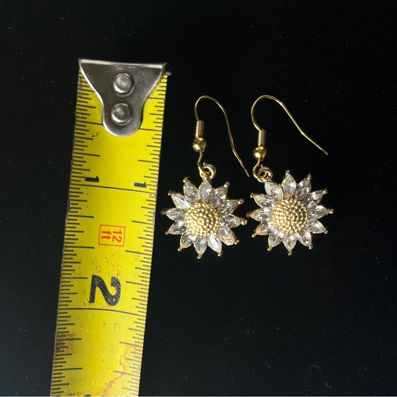 Nickel-Free Handmade Gold Sunflower Dangle Earrings with Crystal Petals - Picture 4 of 5
